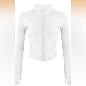 Cropped Zip-Front Long Sleeve Top - White